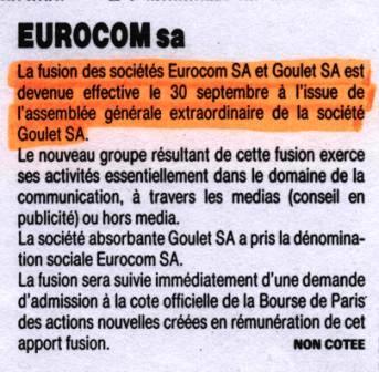 EUROCOM REPREND GOULET SA